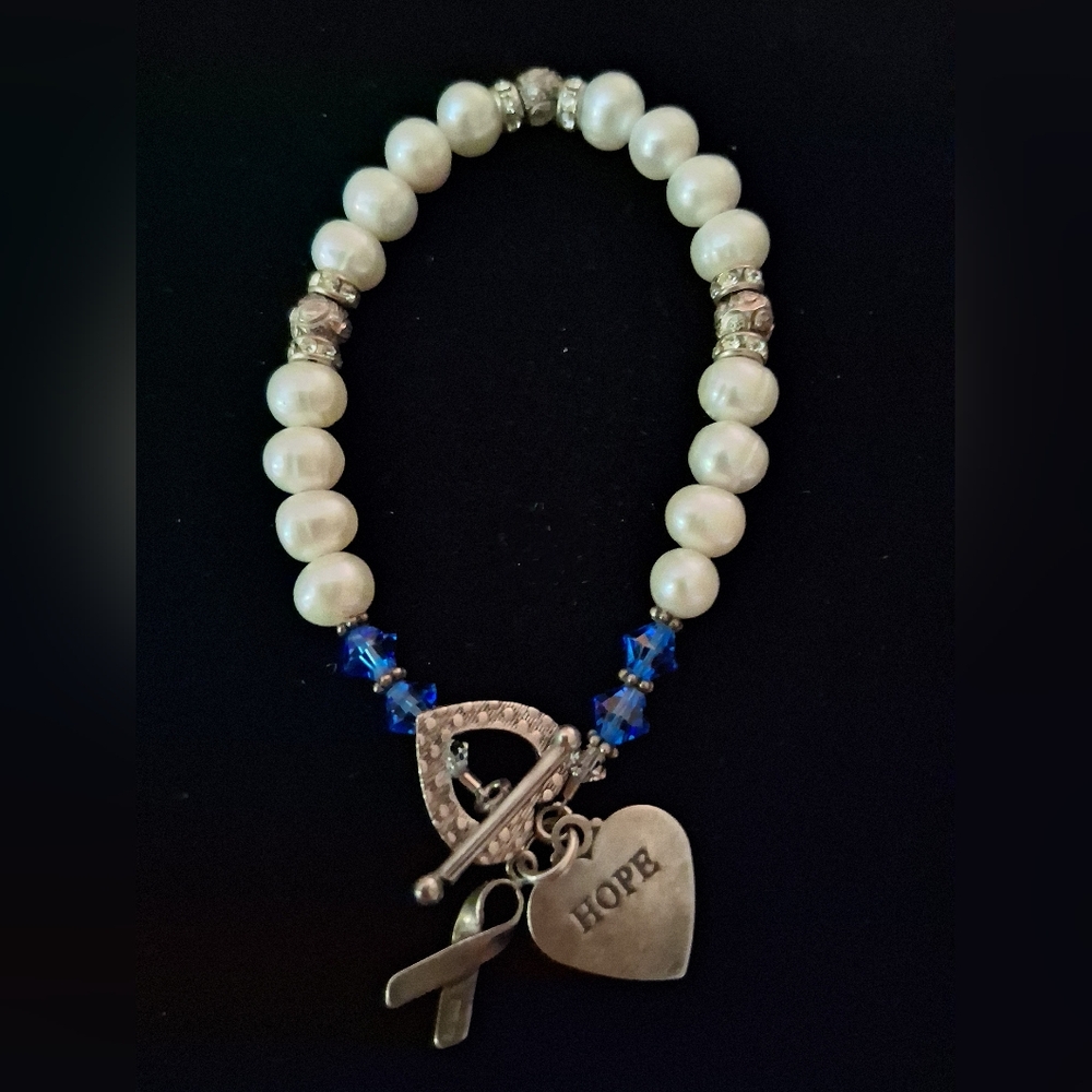 Survivors Faux Pearl Bracelet Sterling Breast Cancer Ribbon Hope Heart Charm